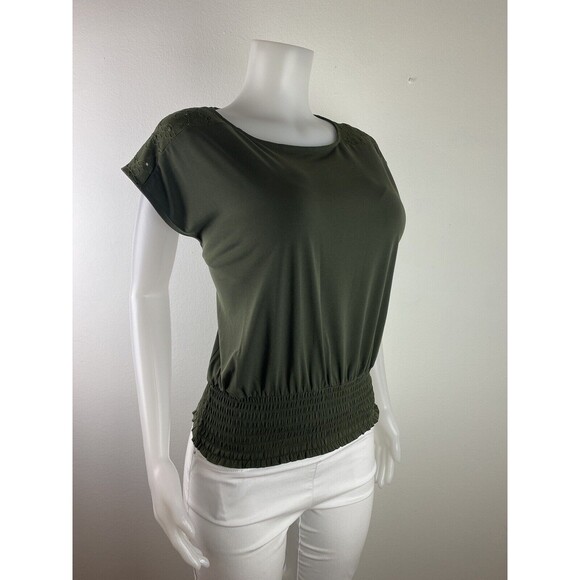F. Michael Kors Blouse Size M Green Top Cap Sleeve Shirt Round Neck NWT $88 - Picture 2 of 10